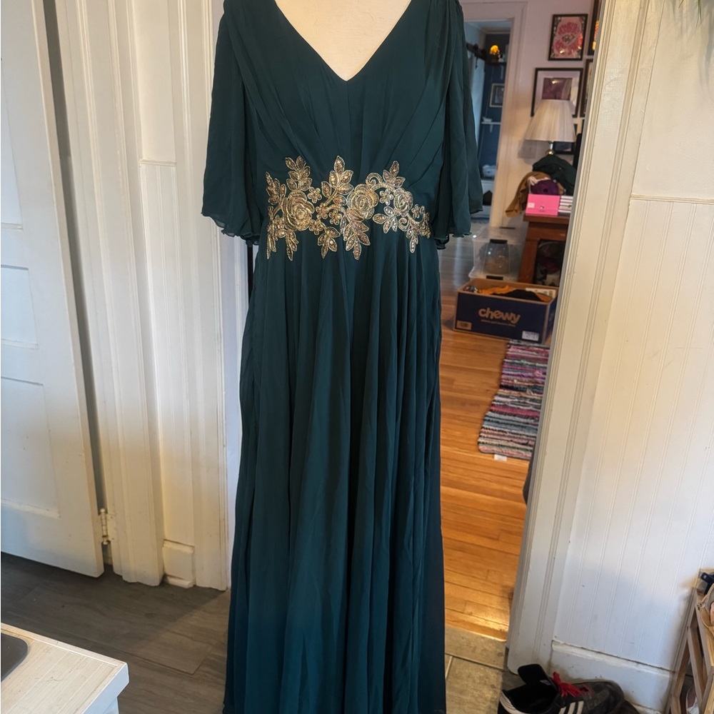 Deep Green Evening Gown with Gold Embroidery